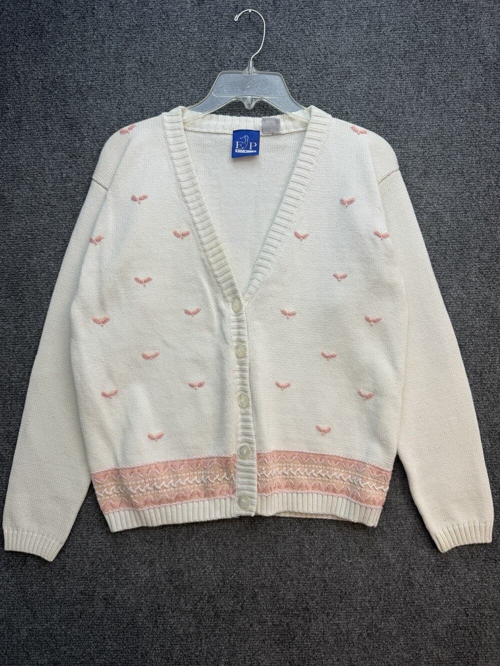 Vintage EP Pro Cotton Cardigan Sweater Women’s S/P Ivory Pink Button Front Knit